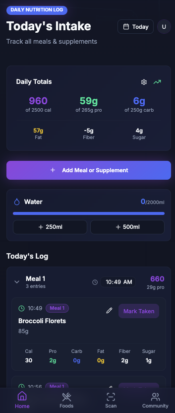 NutriVision daily intake screen showing calories, macros and a food log